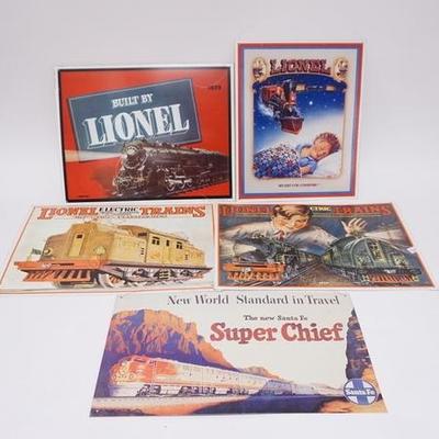 1076	FIVE TIN TRAIN SIGNS, FOUR LIONEL, ONE SANTA FE, LIONEL SIGNS ARE DATED 1992 & 1993, LARGEST IS 16 IN X 12 IN 
