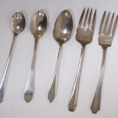 1073	5 PIECES OF STERLING SILVER FLATWARE, THREE SPOONS & TWO FORKS, VARIOUS MAKERS, LONGEST IS 6 1/4 IN, 4.095 TROY OZ
