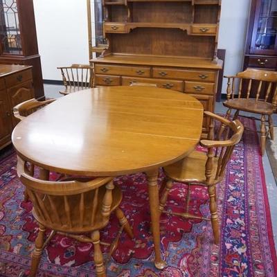 1093	BEALS NINE PIECE DINNING ROOM, TABLE W/ FIVE LEAVES, SEVEN CHAIRS, & AN OPEN TOP HUTCH 
