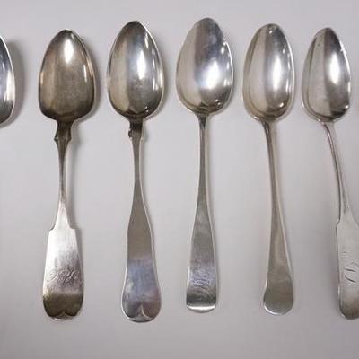 1037	GRP OF 7 COIN SILVER SERVING SPOONS VARIOUS MAKERS LONGEST IS 9 IN, 12.28 TROY OZ
