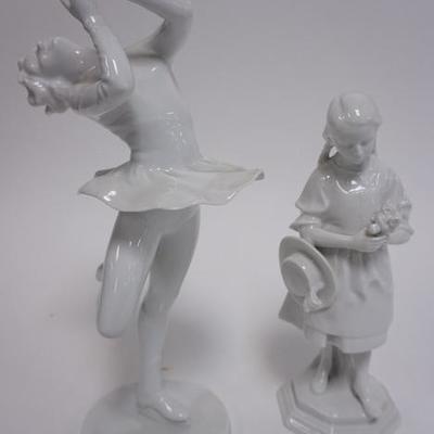 1031	TWO GERMAN PORCELAIN FIGURES, AN ICE SKATER & A GIRL W/ BOUQUET, BOTH HAVE MAKERS MARK 
