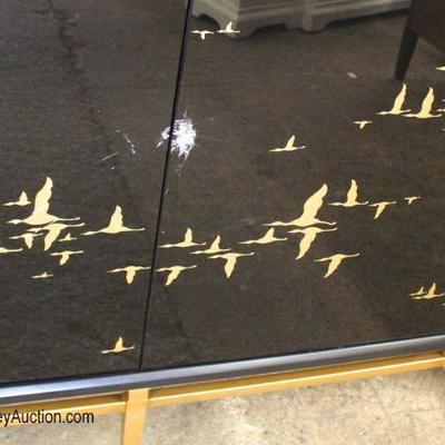  NEW Large Black Glass with Bird Decorations 4 Door Credenza with Brass Legs 