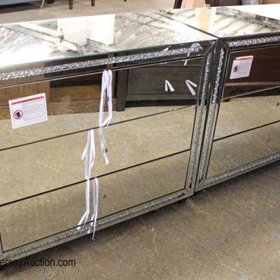  PAIR of NEW Hollywood Mirrored 3 Drawer Bachelor Chest with Bedazzled Trim and Hardware 