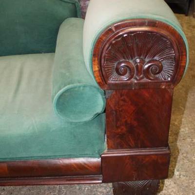 ANTIQUE Paw Foot Empire Upholstered Burl Mahogany Frame Sofa with Lift Top Arm Storage 