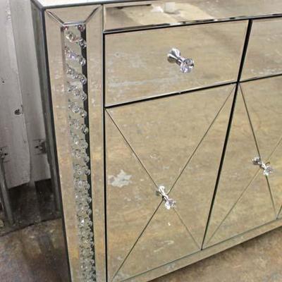  NEW Hollywood Style Mirrored Etched Glass 4 Door 3 Drawer Credenza with Bedazzled Hardware and Trim 