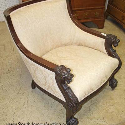 Mahogany Frame Lion Head Carved Upholstered Arm Chair 