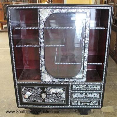  NICE Lacquer Mother of Pearl Asian Inspired Sliding Door Curio with Drawers 