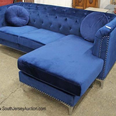  NEW Blue Velour Button Tufted Sofa Chaise 
