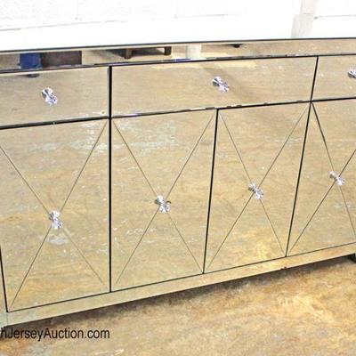  NEW Hollywood Style Mirrored Etched Glass 4 Door 3 Drawer Credenza with Bedazzled Hardware and Trim 