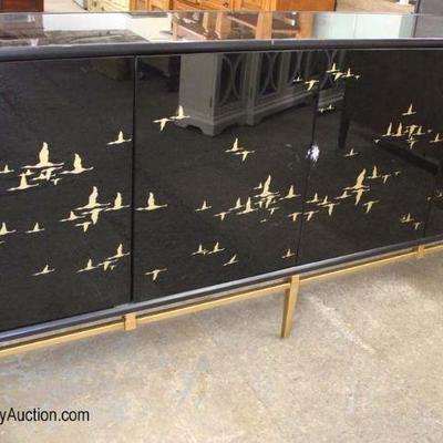  NEW Large Black Glass with Bird Decorations 4 Door Credenza with Brass Legs 