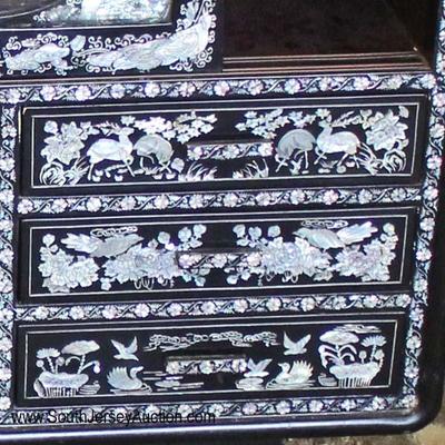  NICE Lacquer Mother of Pearl Asian Inspired Sliding Door Curio with Drawers 