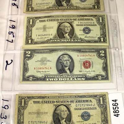  Sheet of U.S. (3) Silver Certificate Dollars and (1) $2.00 Red Seal 