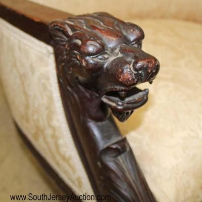 Mahogany Frame Lion Head Carved Upholstered Arm Chair 