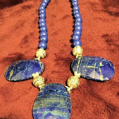 MLC049 Three Oval Lapis Beads Necklace