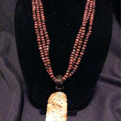 MLC114 Tri-Colored Jade Pendant on Three Strand Bead Necklace