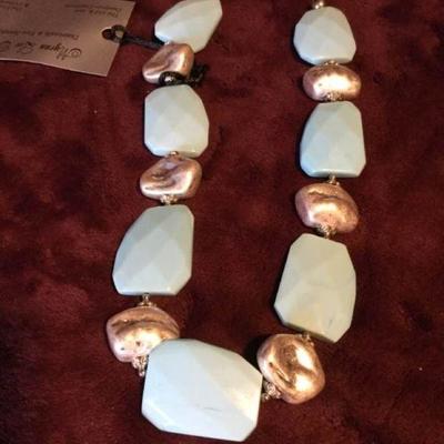 MLC074 Blue Agate & Silver Bead Necklace