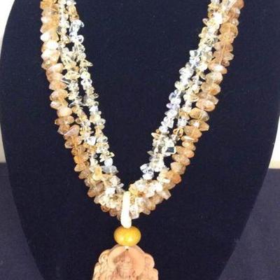 MLC007 Three Strands Citrine Necklace & Natural Wood Carved Pendant