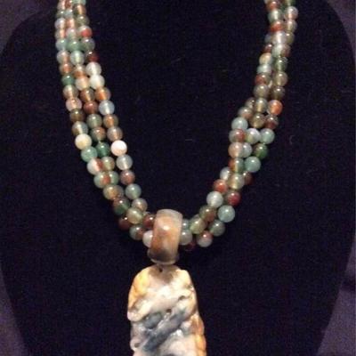 MLC113 Tri-Colored Jade Pendant on Three Strand Necklace