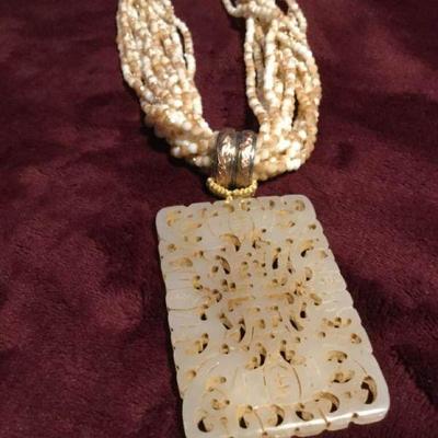 MLC180 Antique Jade Pendant on 12 Strand Crystal Necklace