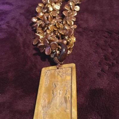 MLC128 Carved Ox Horn Pendant & Freshwater Pearl Necklace