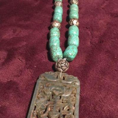 MLC181 Antique Jade Pendant Beaded Necklace