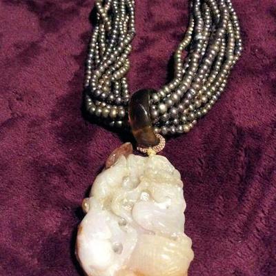 MLC172 Jade Pendant on Ten Strand Freshwater Pearls Necklace