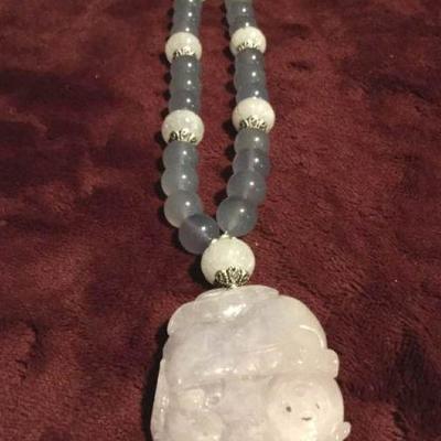 MLC183 Lavender Blue Jade Pendant on Beaded Necklace