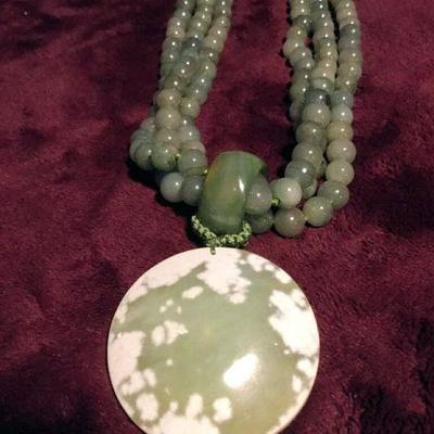 MLC176 Antique Jade Celadon Pendant on Three Strand Necklace