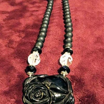 MLC050 Black Coral Pendant on Beaded Necklace