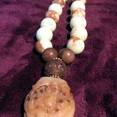 MLC089 Beige Jade Pendant on African Turquoise Beaded Necklace