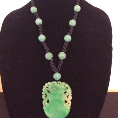 MLC021 Antique Green Jade Pendant & Carved Jade Beads Necklace