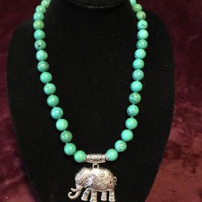 MLC083 Pewter Elephant Pendant on Turquoise Beads Strand