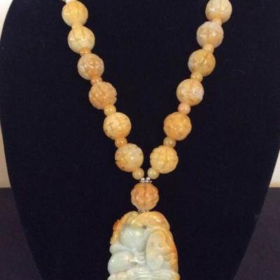 MLC017 Honey Yellow Carved Jade Pendant & Carved Jade Beads Necklace