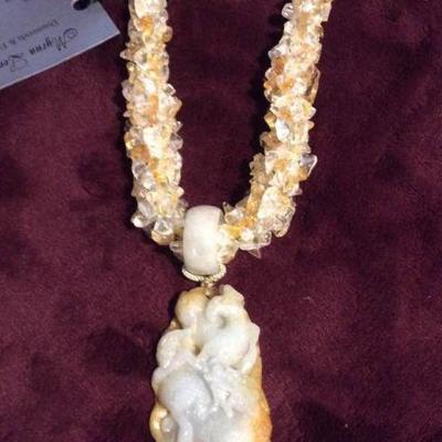 MLC166 Carved Jade Pendant on Agate Chips Necklace
