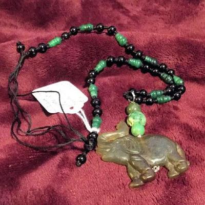 MLC046 Antique Jade Elephant Pendant Necklace