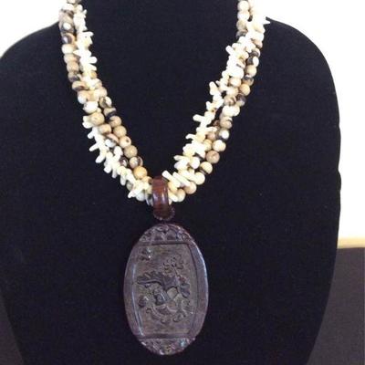 MLC023 Wood Pendant & Coral Beads Necklace