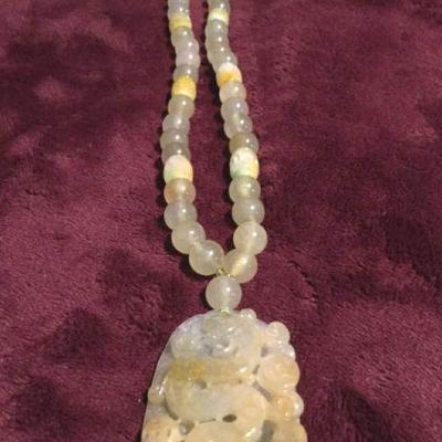 MLC189 Carved Jade Dragon Pendant on Beaded Necklace