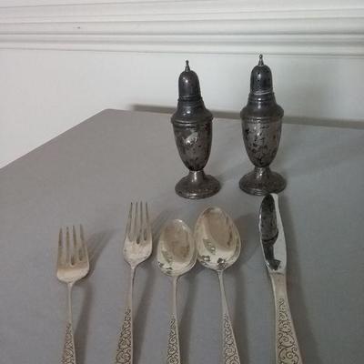 Antique Sterling Silver Salt and Pepper Shakers and Sterling Flatware