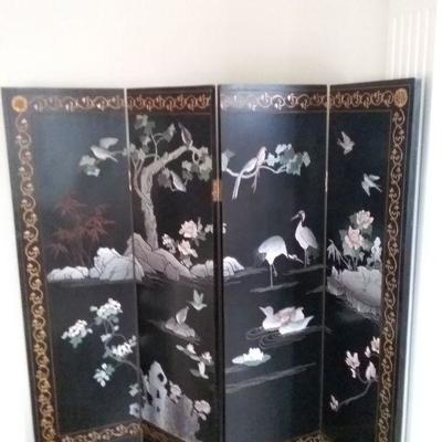 Ornate Four Panel Asian Inspired Black Wooden Screens #1
