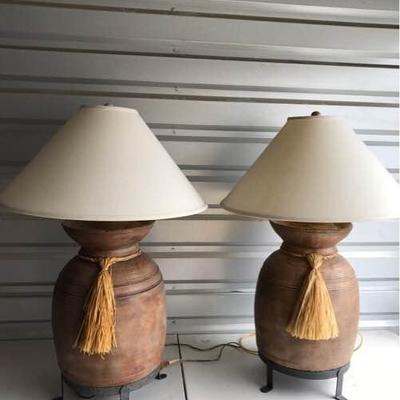 Pair of Clay Lamps on Metal Stands