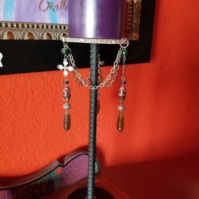(No. 155) Iron Re-bar industrial style very heavy candle holder with some bling hanging.  Measures 15