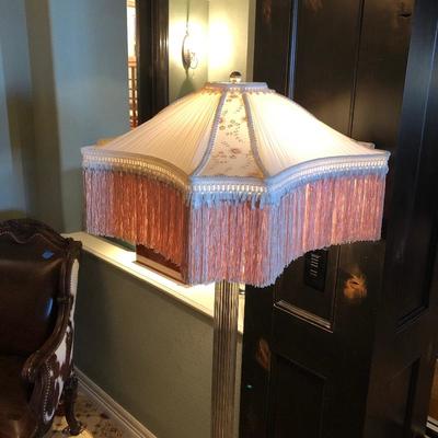 (No. 50) Frederick Cooper Brass and Glass Floor Lamp square shade with fringe. $190