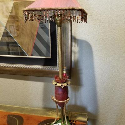 (No. 26) SOLD Hall table lamp with pink shade and fringe- 