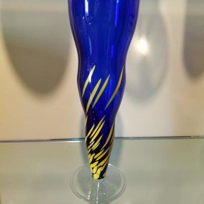 (No. 144) Royal blue vase/goblet  with yellow ~ footed~ 8