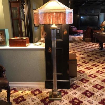 (No. 50)Frederick Cooper Brass and Glass Floor Lamp square shade with fringe. $190
