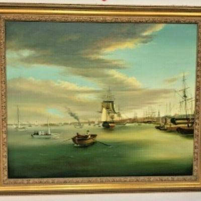 https://www.ebay.com/itm/124121372889 SM028: OIL PAINTING REPRODUCTION OF THOMAS BIRCH "PHILADELPHIA HARBOR" 26X31 IN