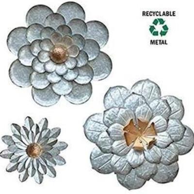 Galvanized Flowers Wall Decor Set of 3 Metal Flower Wall Art