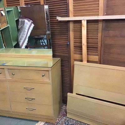 MCM Blonde Wood Dresser & Bed - Set
