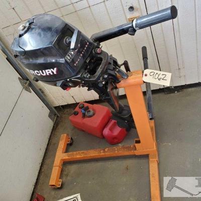 Mercury Four Stroke Boat Motor, Engine Stand and Gas Cans