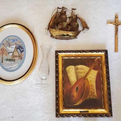 2 Framed Pieces of Art Work, Crucifix, Metal Boat and Glass Vase
Measures approx from 9"x11" to 13"x16"